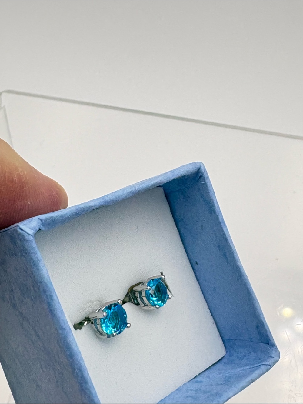 Classic Blue Topaz Round Stud Earrings - Silver Tone - Picture 6 of 16